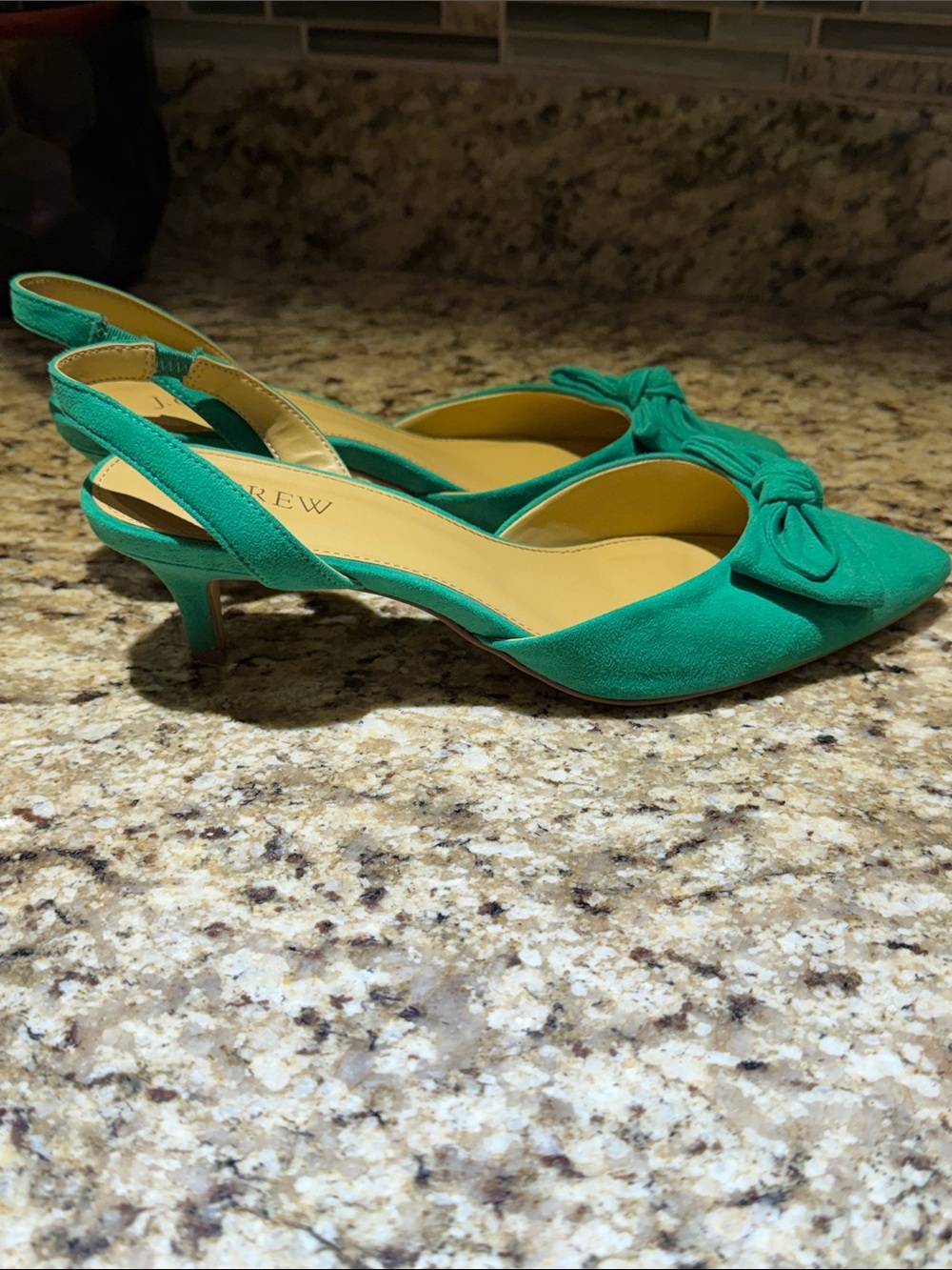 J. Crew Factory Kelly Green Bow Pointed-Toe Slingback Kitten Heel Pumps - Picture 8 of 13